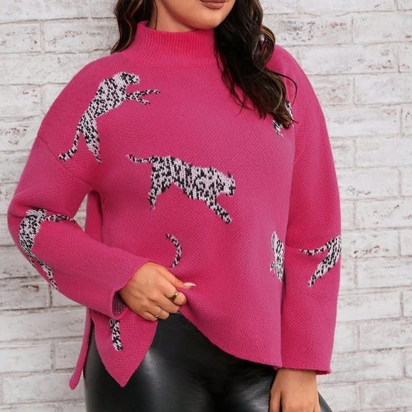 Plus Leopard Pattern Mock Neck Split Hem Sweater pink - Picture 2 of 5